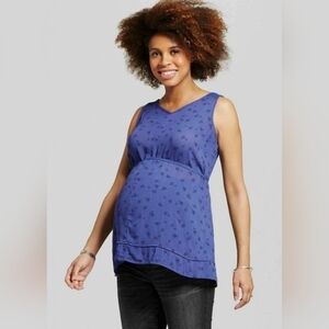 Liz Lange Maternity Patterned Sleeveless Top With Back Tie Crochet Shoulders Med